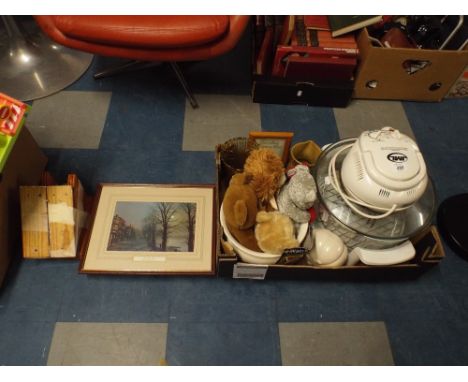 A Box of Sundries to include Table Top Cooker, Teddy Bears, Glass Ware, China, Pictures and Prints, Pine Shelf 