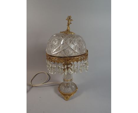 A French Style Gilt Brass and Cut Glass Table Lamps with Cherub Playing Violin Finial, 45cm high 