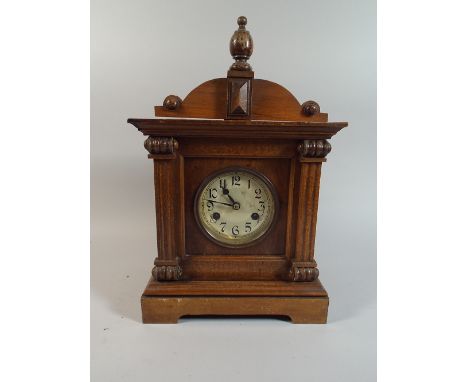 A German Pine Cased Mantel Clock, 40cm High 