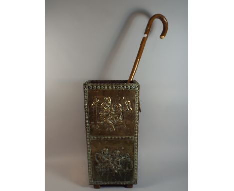 An Edwardian Brass Stick Stand with Lion Mask and Ring Handles Together with Wooden Walking Stick, 58cm High 