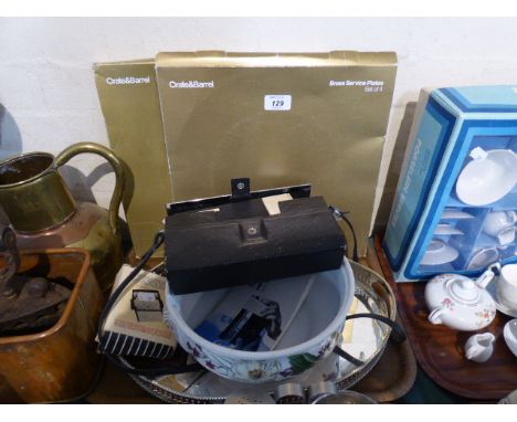 A Silver Plated Oval Gallery Tray with Pierced Rim, Spode Fruit Bowl, Canon Movie Camera and Two Packs of Four Brass Service 