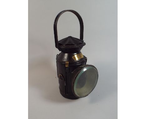 A Brass Mounted Railway Lamp Inscribed S E R with Engraved Plaque Ashford P Waycabin, 32cm High
