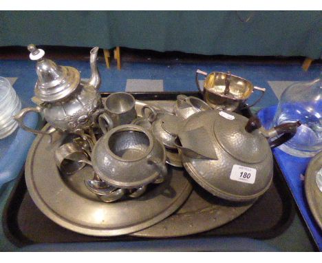 A Tray Containing Metal Wares to include Pewter Tea Service, Silver Plate Cutlery 