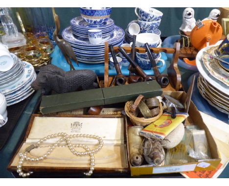A Tray of Curios to include a Collection of Vintage Pipes, Cribbage Board, Slide Rules, Geometry Instruments, Magnifying Glas