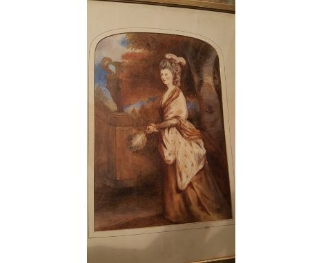 Society Interest; A water colour of a Lady in 18th Century clothing, and a coloured print depicting a coaching inn and stagec