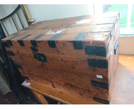 19thC pine iron bound travelling trunk