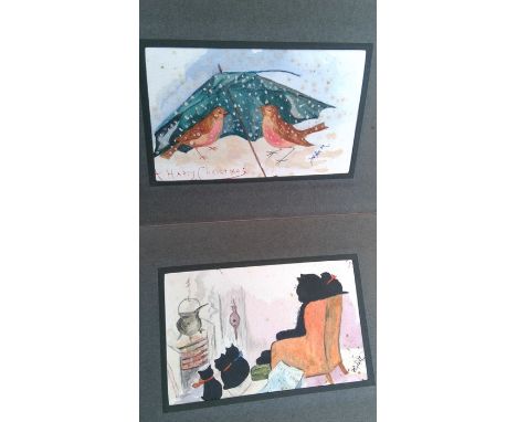An album of original water colour postcard size paintings marked Winks de M., Greetings cards and humorous subjects. Provenan