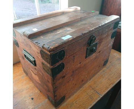 Small pine iron bound luggage trunk