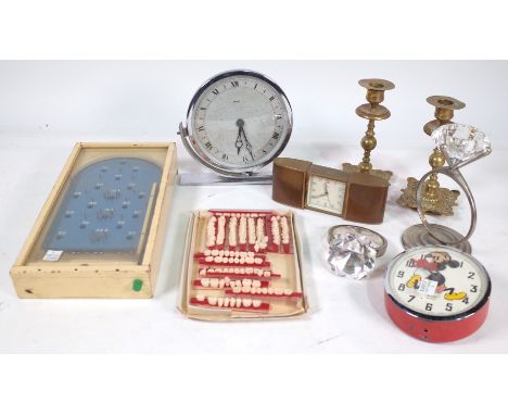 COLLECTABLES, A SMALL GROUP INCLUDING MINIATURE BAGATELLE, CANDLESTICKS, POOLE PENGUIN CLOCKS AND SUNDRY (QTY)
