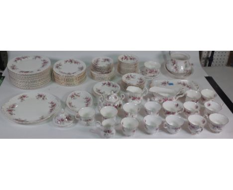 A ROYAL ALBERT LAVENDER ROSE SERVICE (QTY)to include; teapot and stand, sugar bowl, lidded sugar bowl, 1/4 pint milk jug and 