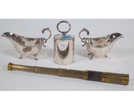 COLLECTABLES, A PAIR PLATED SAUCE BOATS, A PLATED COCKTAIL STICK DISPENSER AND A LATE 19TH CENTURY THREE DRAWER TELESCOPE. (4