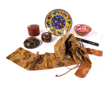 A GROUP OF ASIAN COLLEACTABLES INCLUDING AN IRON RED DECAORTED CERAMIC BOWL, A RED LACQUERED BOX, A BROWN LACQIUERED  AND MOT