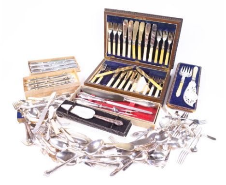 SILVER PLATED WARES, COMPRISING, A QUANTITY OF ASSORTED FLATWARE (QTY)