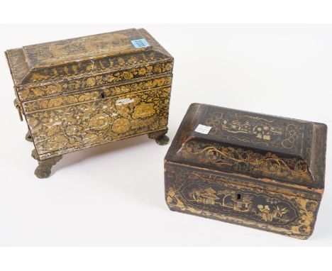 A REGENCY CHINOISERIE DECORATED SARCOPHUGUS SHAPE TEA CADDY 23CM WIDE, TOGETHER WITH A SIMILAR EXAMPLE (2)