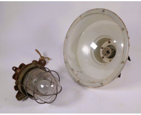 A VINTAGE SHIP’S LAMP ON ROPE TOGETHER WITH A CREM INDUSTRIAL LIGHT (2)Ship’s lamp 29 cm high