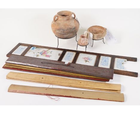 ASIAN INTEREST, A MODERN CHINESE SIX PANEL WOOD AND CERAMIC SCREEN,  AN EASTERN MANUSCRIPT AND THREE ROMAN TYLE TERRACOTTA PO