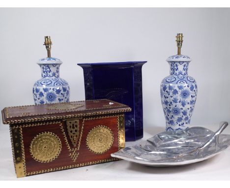 DECORATIVE ITEMS COMPRISING, PAIR MODERN BLUE AND WHITE TABLE LAMPS, 50CM TALL,  A BRASS BOUND MAHOGANY BOX,  CHROME DISH FOR