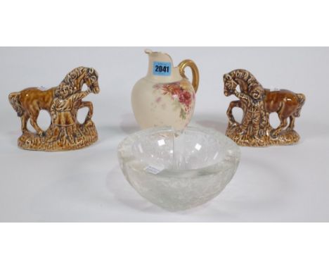 A ROYAL WORCESTER BLUSH IVORY PORCELAIN JUG WITH DECORATED FLOWERS, TWO BROWN GLAZED MODELS OF HORSES AND A GLASS SHALLOW BOW