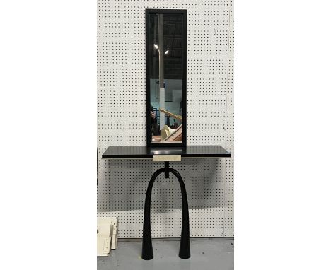 A MODERN METAL MOUNTED EBONISED CONSOLE TABLE, ON TAPERING TURNED SUPPORTS (2)94cm wide; 84cm high, together with a similar r