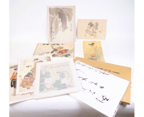 A SELECTION OF MOSTLY JAPANESE WATERCOLOURS AND PRINTS OF FIGURES, ANIMALS AND SUNDRY (QTY)