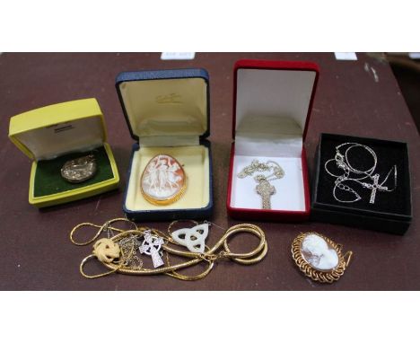 Two 9ct gold brooch framed Cameos, two silver crosses on chains and other costume jewellery