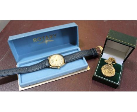 A 9ct gold locket on a 9ct gold chain together with a gentleman's J W Benson of London gold cased presentation wristwatch wit