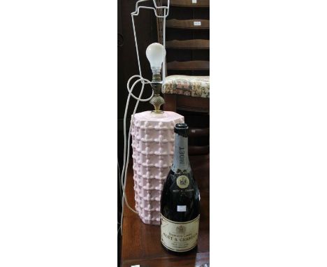 A pink ceramic large table lamp plus an empty Moet magnum