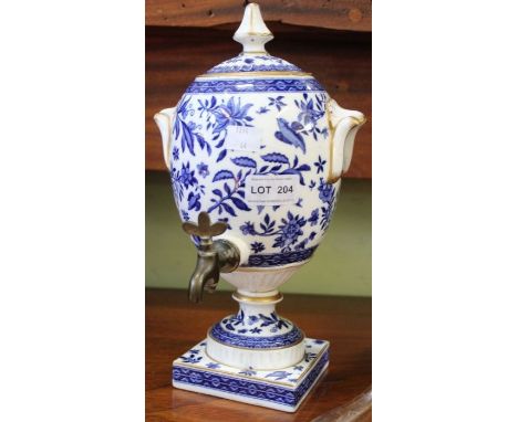 A blue and white porcelain model of a tea urn Condition Report - Main body has 3 cracks and is detached from the plinth. Defi