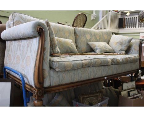 a fancy framed well upholstered three seater, two seater sofa and armchair