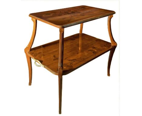 Tavolinetto old Art Nouveau of Louis Majorelle, France, Liberty period. In wood with light wood inlays. Signed on the right c