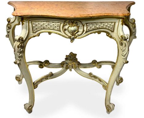 Console lacquered and golden shades of beige, early twentieth century, the red light marble surface Verona. H cm 105x120x50
