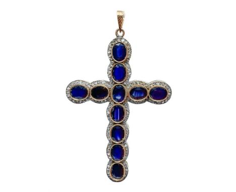 Gold Cross 9 K and silver with blue sapphires and diamonds rose cut. Gr 15.5