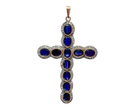 Gold Cross 9 K and silver with blue sapphires and diamonds rose cut. Gr 15.5