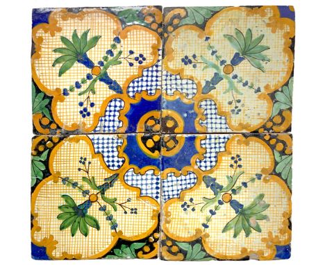 Tile Factory Awarded Francesco Collonese. Napoli, nineteenth / twentieth century. Box composed of 4 tiles, cm 21,5x21,5 (each