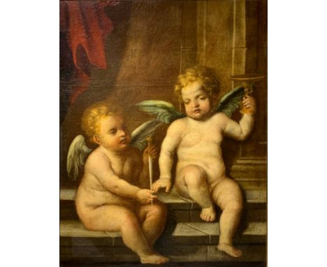 Oil painting on canvas depicting Archangel Raphael with chalice and angel Uriel with sword "Light of God", Italian Center, se