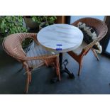 2 x Circular Laminate Topped Pedestal Tables (Approx. 600mm), with 4 x Wicker Elbow Chairs