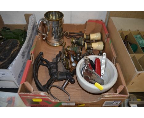 A box containing cork screws, an egg timer, two pairs of opera glasses, pen knives etc. 