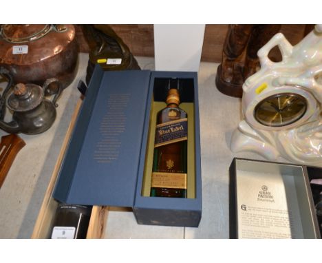 A bottle of Johnnie Walker blue label blended Scotch whisky in original box 