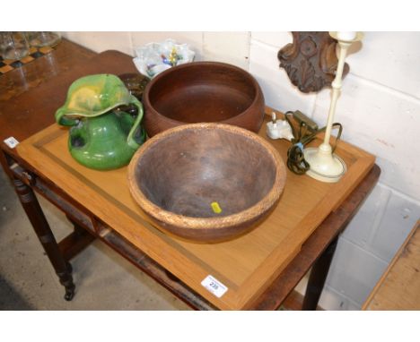 An oak tea tray; two wooden bowls; an Art Pottery vase etc. 