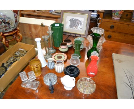 A quantity of various glassware to include a two tier cake stand, candlesticks, various pottery, a coloured print of a sleepi