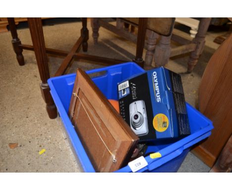 A box of miscellaneous items to include an Olympus camera, impressionist style painting, stone glazed flagon etc.