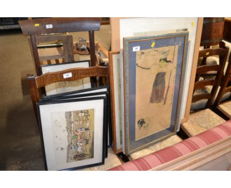 Three antique hunting prints; and various others including a Soho Jazz Festival poster, a large marine print etc.