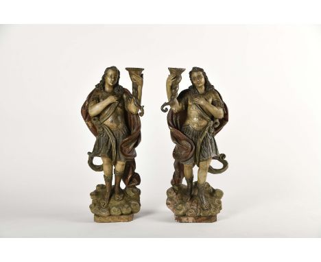 Candelabra angels, a pair of polychrome and gilt wood baroque sculptures, Portuguese, 18th C. (1st half), restoration, crack 