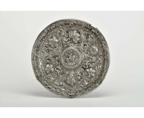 A ceremonial salver, silver, decoration en relief "Figures, birds and flowers", central medallion "Putto with trident on dolp
