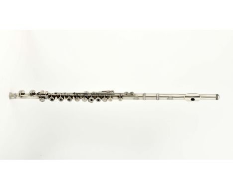 A transverse flute, silver, leather case with red velvet lined interior, French, 19th C., mechanism requiring maintenance, lo