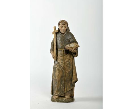 Saint Anthony, polychrome Ançã stone sculpture, Portuguese, 16th C., missing Child Jesus, broken and glued cross, faults on p