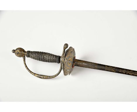 A court sword, chiselled en relief iron on a gold shaded background "Amphoras, animals and flowers", grip coated with braided