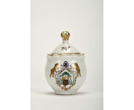 A covered mustard pot with wavy rim, Chinese export porcelain, polychrome and gilt decoration with unidentified ecclesiastica