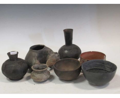 A South American tribal painted bowl, a pre-Columbian style pottery model of a rat, five other tribal items