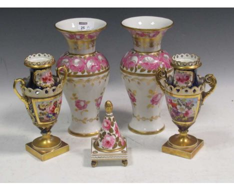 A garniture of Worcester vases with script marks, two pairs of 19th century Staffordshire porcleain spill vases, a pair of Ch